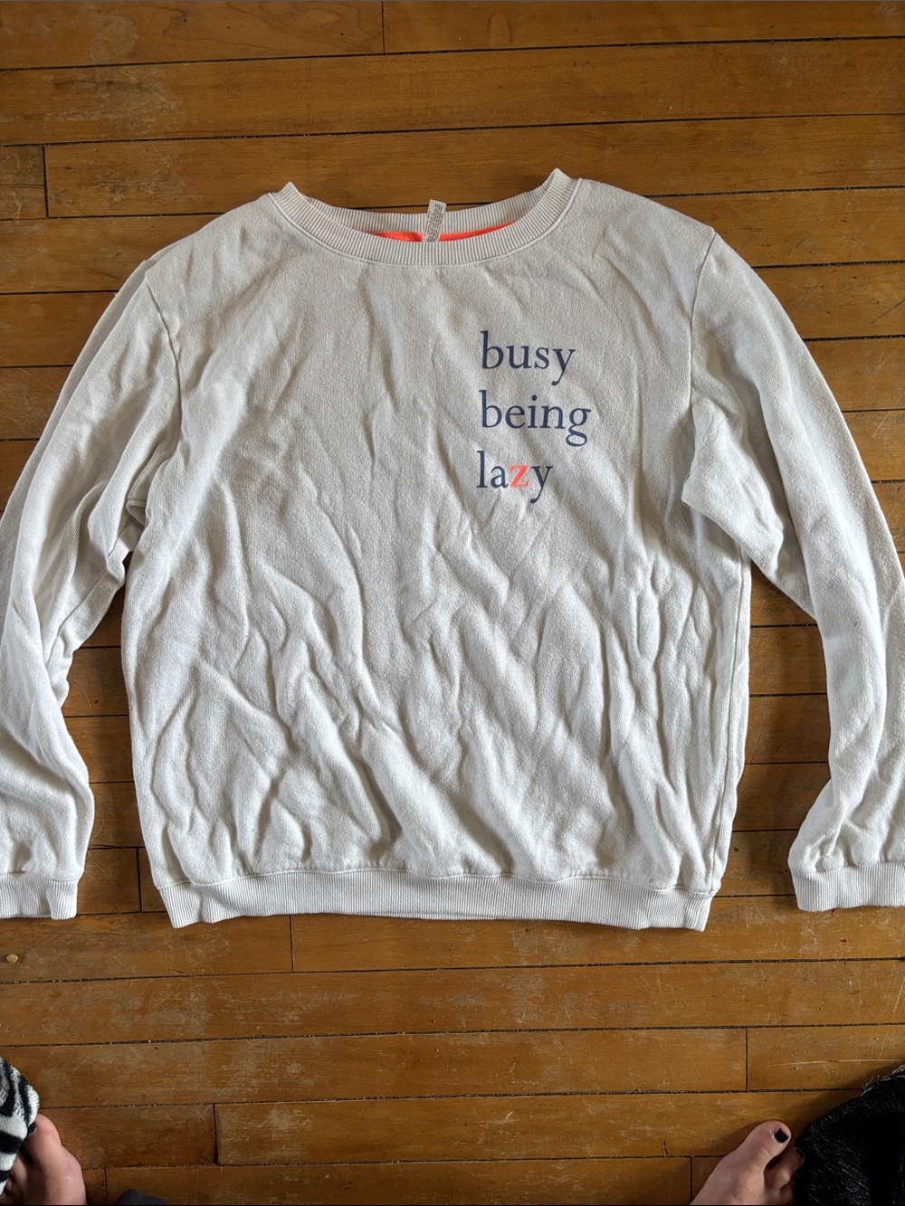 SO White Crewneck Sweater with Blue and Pink Text
